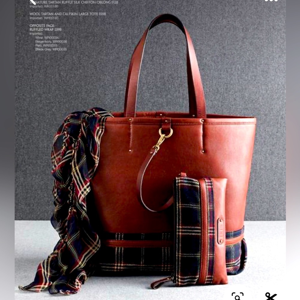 Brooks Brothers  WOOL TARTAN AND CULFSKIN LARGE TOTE & CLUTCH‎ SET.